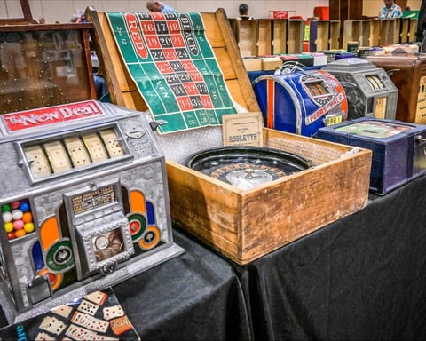 Vintage casino slot machines and memorabilia on display at the 2026 Casino Chip and Collectibles Show South Point Las Vegas