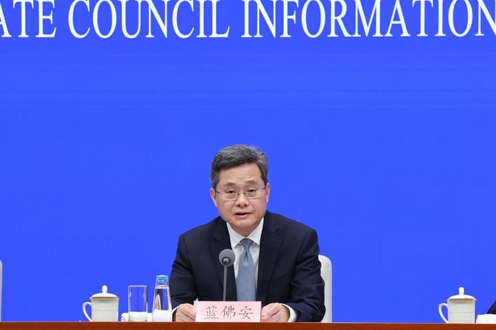 Chinese Finance Minister Lan Fo'an speaks at press conference on China government debt fiscal policy Beijing