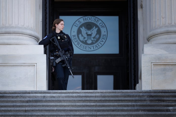 US Capitol Police officer stands guard outside the House of Representatives on Capitol Hill, Washington DC