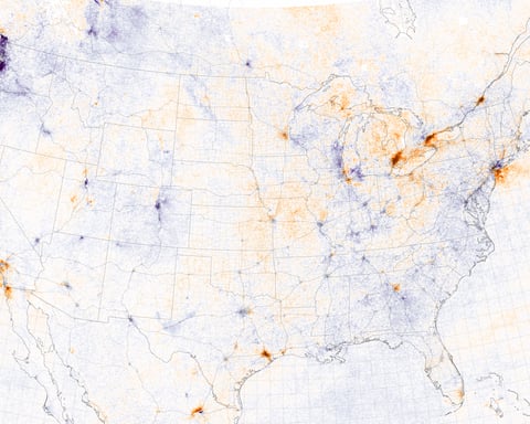 NASA TROPOMI satellite image of nitrogen dioxide concentrations across the continental United States showing the largest urban and industrial source regions