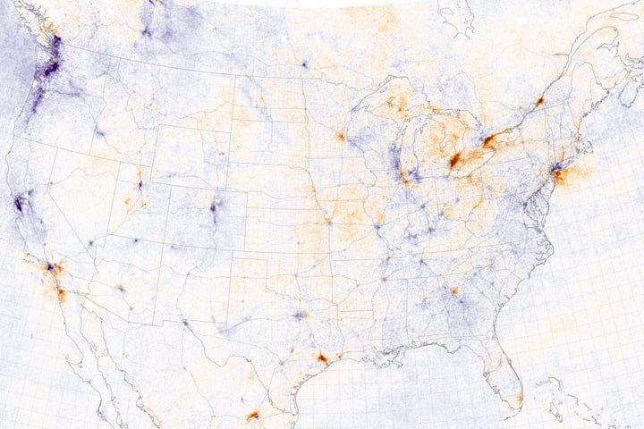 NASA TROPOMI satellite image of nitrogen dioxide concentrations across the continental United States showing the largest urban and industrial source regions