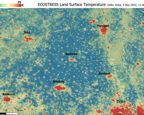 NASA ECOSTRESS thermal satellite image showing urban heat islands in Delhi during an Indian heat wave