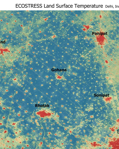 NASA ECOSTRESS thermal satellite image showing urban heat islands in Delhi during an Indian heat wave