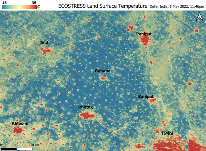 NASA ECOSTRESS thermal satellite image showing urban heat islands in Delhi during an Indian heat wave