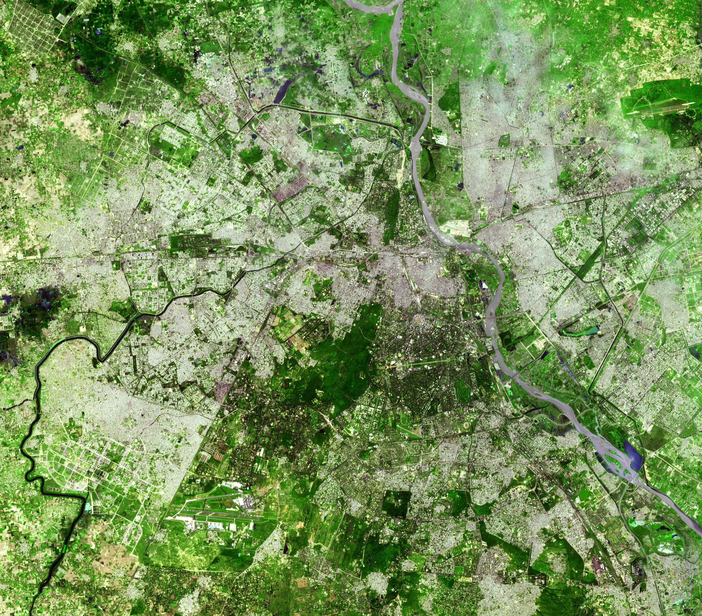 Satellite view of Delhi and the Yamuna River from NASA Terra spacecraft showing the sprawling capital region