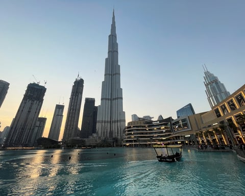 The Burj Khalifa towers over the Dubai skyline in the United Arab Emirates
