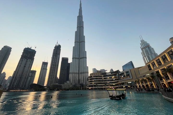 The Burj Khalifa towers over the Dubai skyline in the United Arab Emirates
