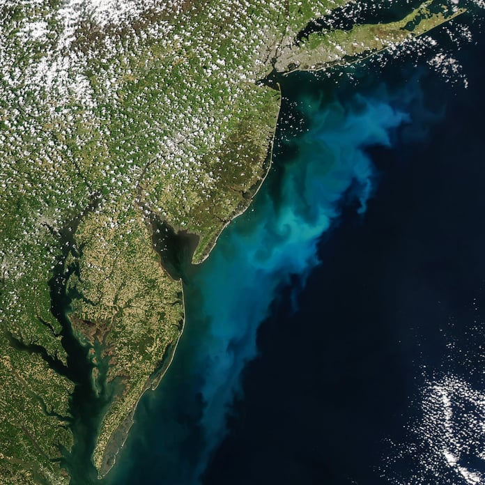 NASA Aqua MODIS satellite image of phytoplankton bloom off Mid-Atlantic coast Delaware New Jersey Maryland Virginia May 3 2026