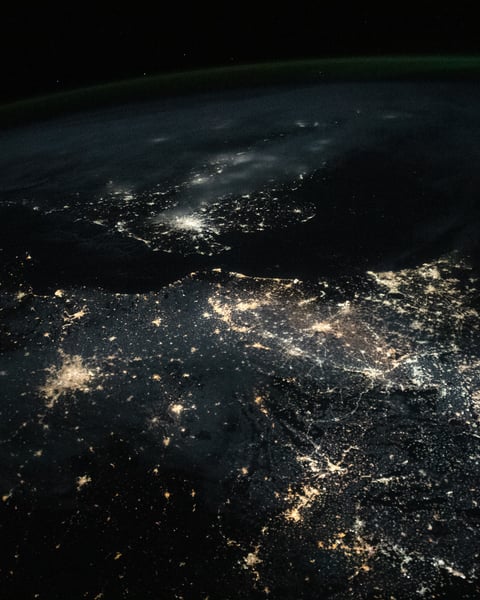 Aerial night photograph of Birmingham, United Kingdom showing the city's lights with Edgbaston Stadium district in the south, taken from the International Space Station
