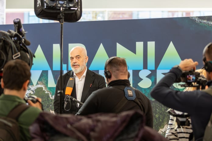 Albanian Prime Minister Edi Rama, who defended the Kushner-linked resort project, speaking at a press conference