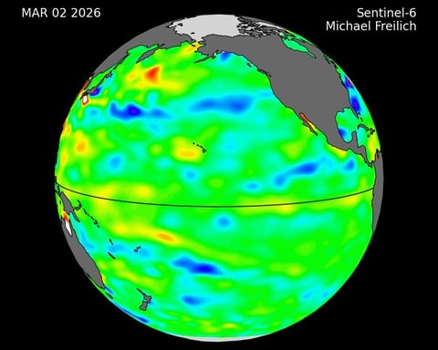 NASA satellite data showing warm Kelvin wave in the Pacific Ocean signaling El Nino 2026