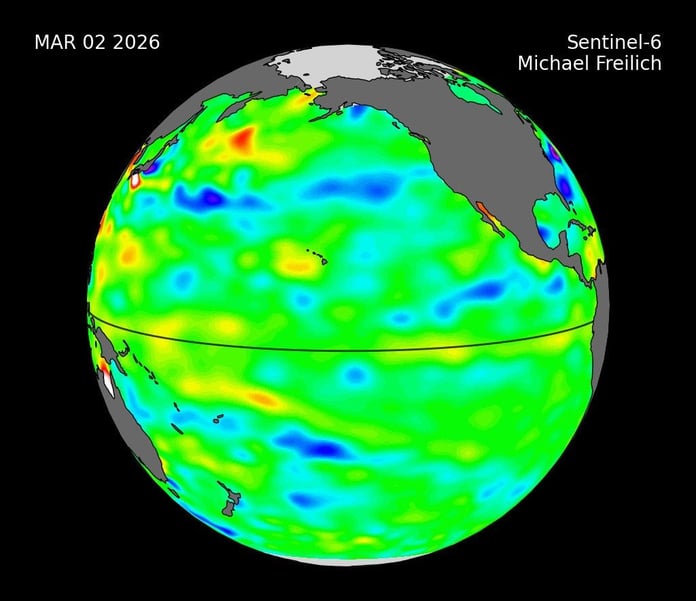 NASA satellite data showing warm Kelvin wave in the Pacific Ocean signaling El Nino 2026