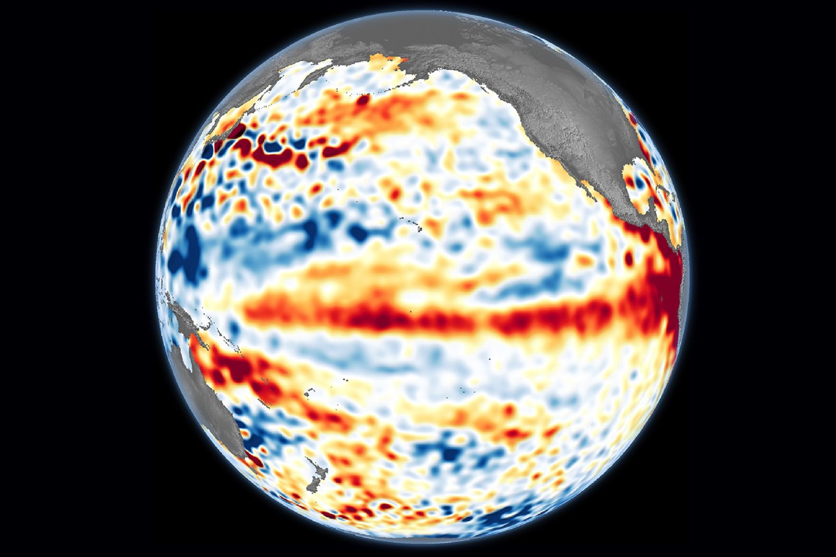 NASA Sentinel-6 satellite view of sea surface height anomalies in the Pacific during the 2023 El Nino onset