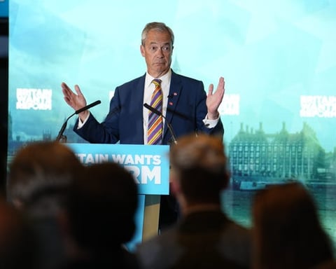 Nigel Farage Reform UK leader who published Substack essay claiming Britain is a two-tier state against white people in June 2026