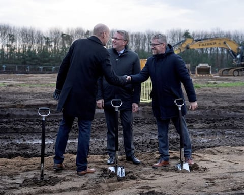 Danish Economy Minister Morten Boedskov and Fire Point Denmark Director Viacheslav Bondarchuk at the groundbreaking ceremony for the Ukrainian missile fuel plant in Vojens, Denmark, December 1, 2025