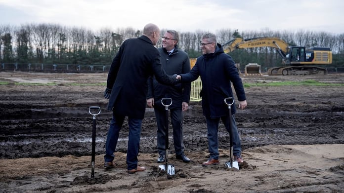 Danish Economy Minister Morten Boedskov and Fire Point Denmark Director Viacheslav Bondarchuk at the groundbreaking ceremony for the Ukrainian missile fuel plant in Vojens, Denmark, December 1, 2025