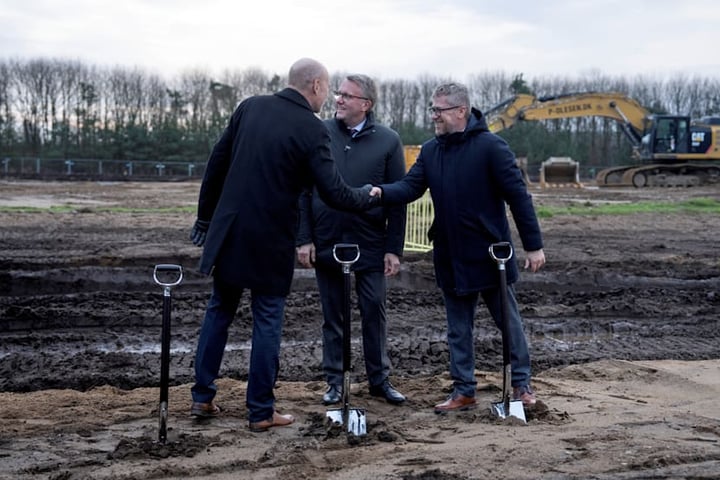 Danish Economy Minister Morten Boedskov and Fire Point Denmark Director Viacheslav Bondarchuk at the groundbreaking ceremony for the Ukrainian missile fuel plant in Vojens, Denmark, December 1, 2025