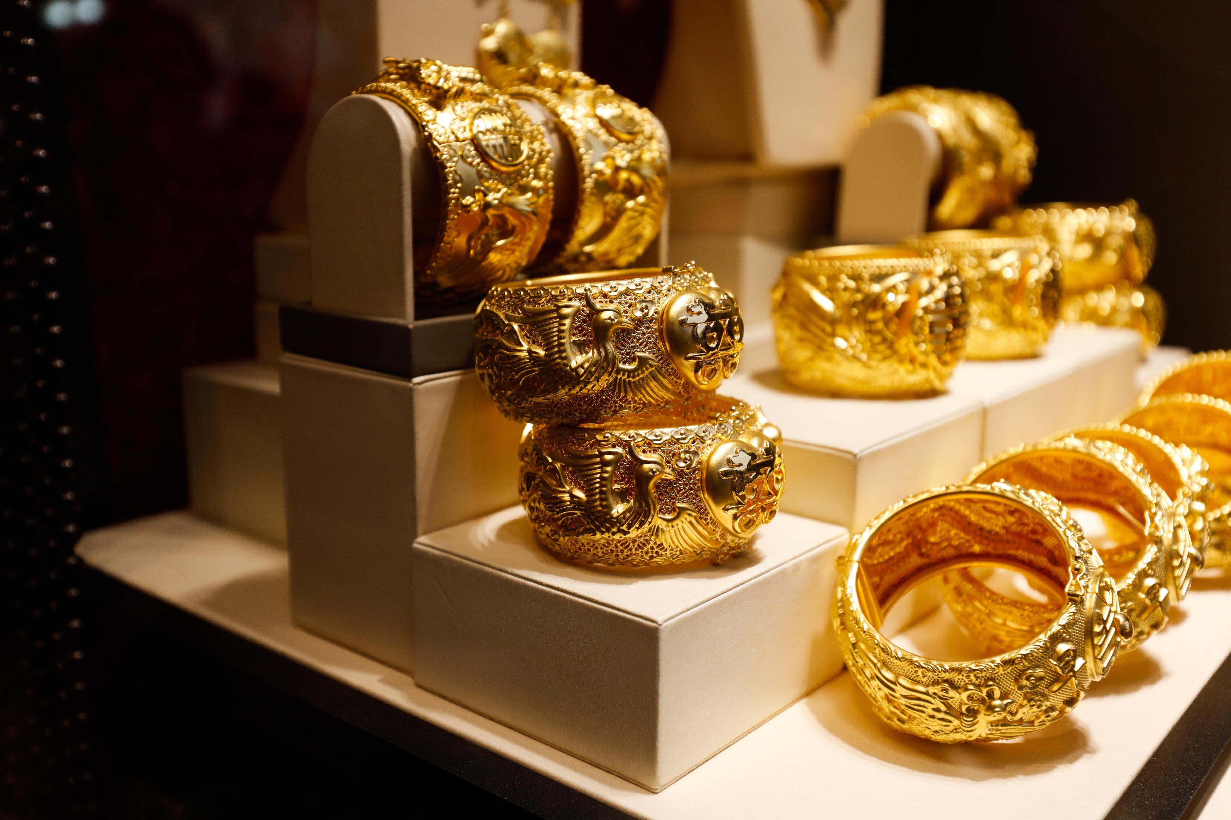 Gold jewelry on display in a Chinese store as gold rebound is forecast