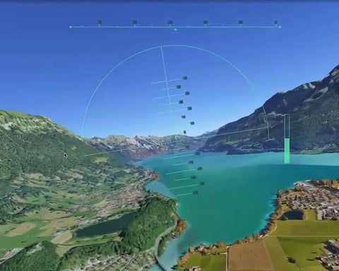 Google Earth flight simulator browser view showing satellite terrain and aircraft controls