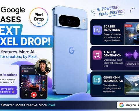 Google Pixel Drop 2026 tease showing Screen Reactions Gemini Omni video and AI music generation