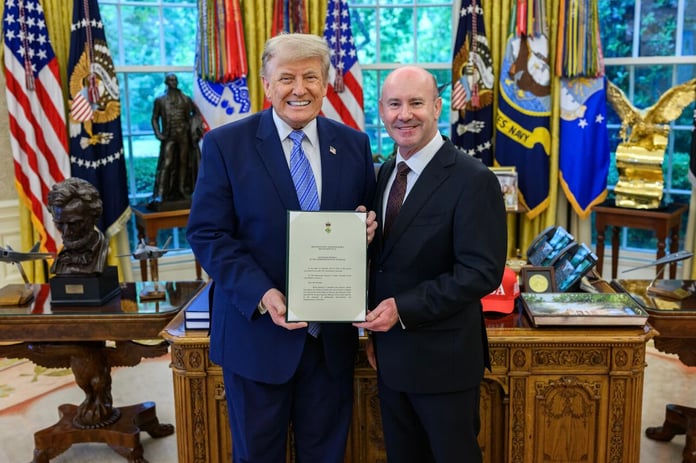 Australian Ambassador Greg Moriarty presents his credentials to US President Donald Trump in Washington