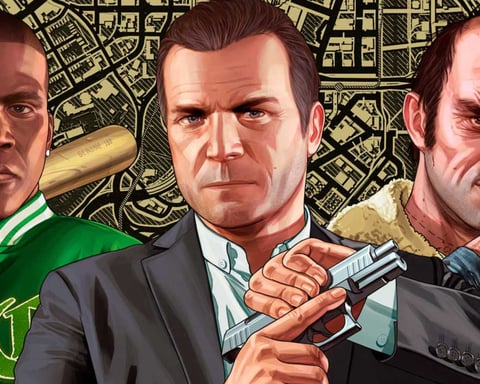 GTA V key art showing Michael Trevor and Franklin for GTA Plus subscription announcement June 2026