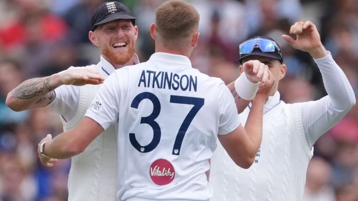 Gus Atkinson celebrates with Ben Stokes after England beat New Zealand at Lord's first Test 2026