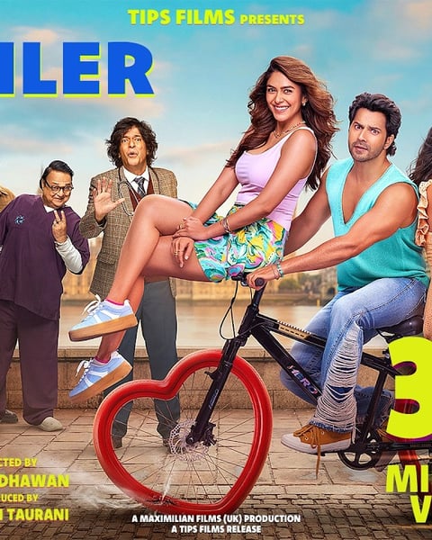 Hai Jawani Toh Ishq Hona Hai poster featuring Varun Dhawan, Mrunal Thakur, and Pooja Hegde
