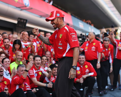Lewis Hamilton celebrates his first Formula 1 win for Ferrari at the 2026 Barcelona-Catalunya Grand Prix