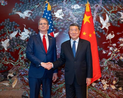 Chinese Vice Premier He Lifeng shakes hands with US Treasury Secretary Scott Bessent at trade consultations in South Korea, May 2026