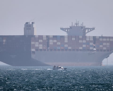A container ship anchored in the Strait of Hormuz off Bandar Abbas, Iran
