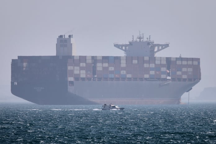 A container ship anchored in the Strait of Hormuz off Bandar Abbas, Iran