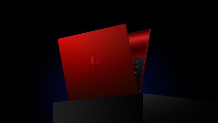 HP Limited Edition Scuderia Ferrari AI PC in Rosso Magma red with transparent engine bay base panel