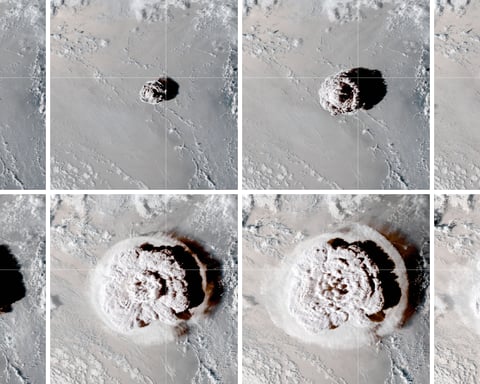 NASA GOES satellite image of the Hunga Tonga volcanic plume reaching the stratosphere on January 15 2022