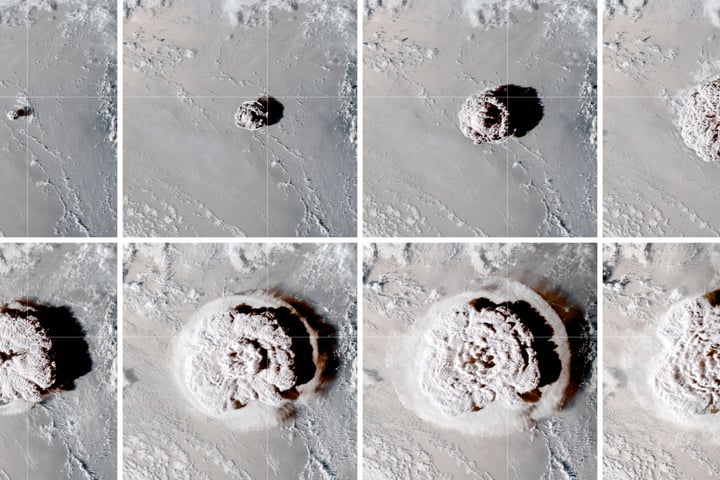 NASA GOES satellite image of the Hunga Tonga volcanic plume reaching the stratosphere on January 15 2022