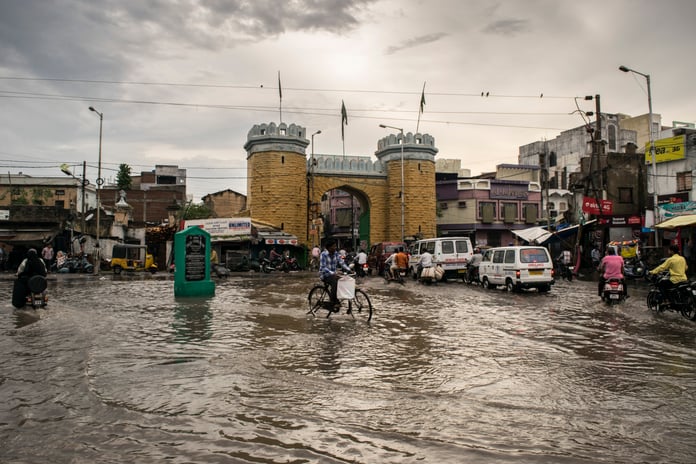 Waterlogged street near the Dabeerpura Darwaza gate in Hyderabad's old city after heavy rain