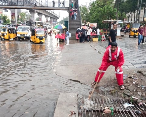 Waterlogged streets in Hyderabad IT corridor after heavy rain in June 2026
