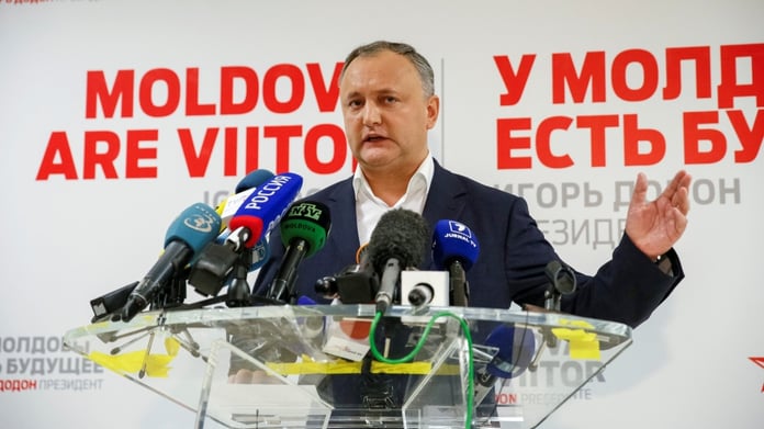 Former Moldovan President Igor Dodon speaks to reporters warning that Moldova-Romania unification would collapse the state
