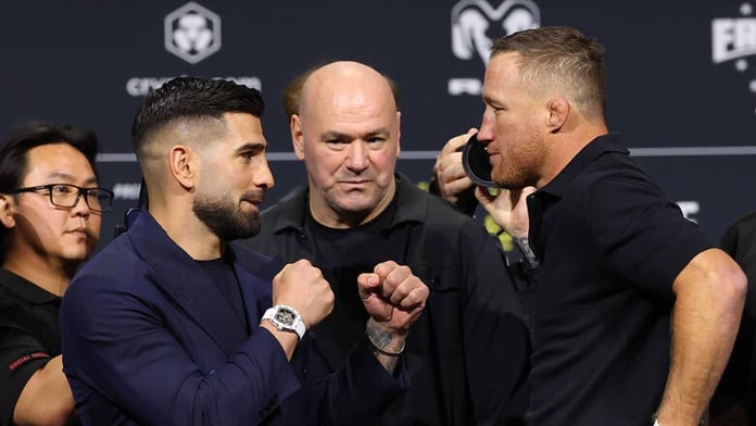 Ilia Topuria and Justin Gaethje face off at the UFC Freedom 250 press conference at Prudential Center Newark