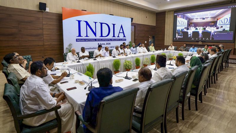 INDIA bloc opposition leaders including Rahul Gandhi Mamata Banerjee and Omar Abdullah at the June 8 2026 alliance meeting in New Delhi