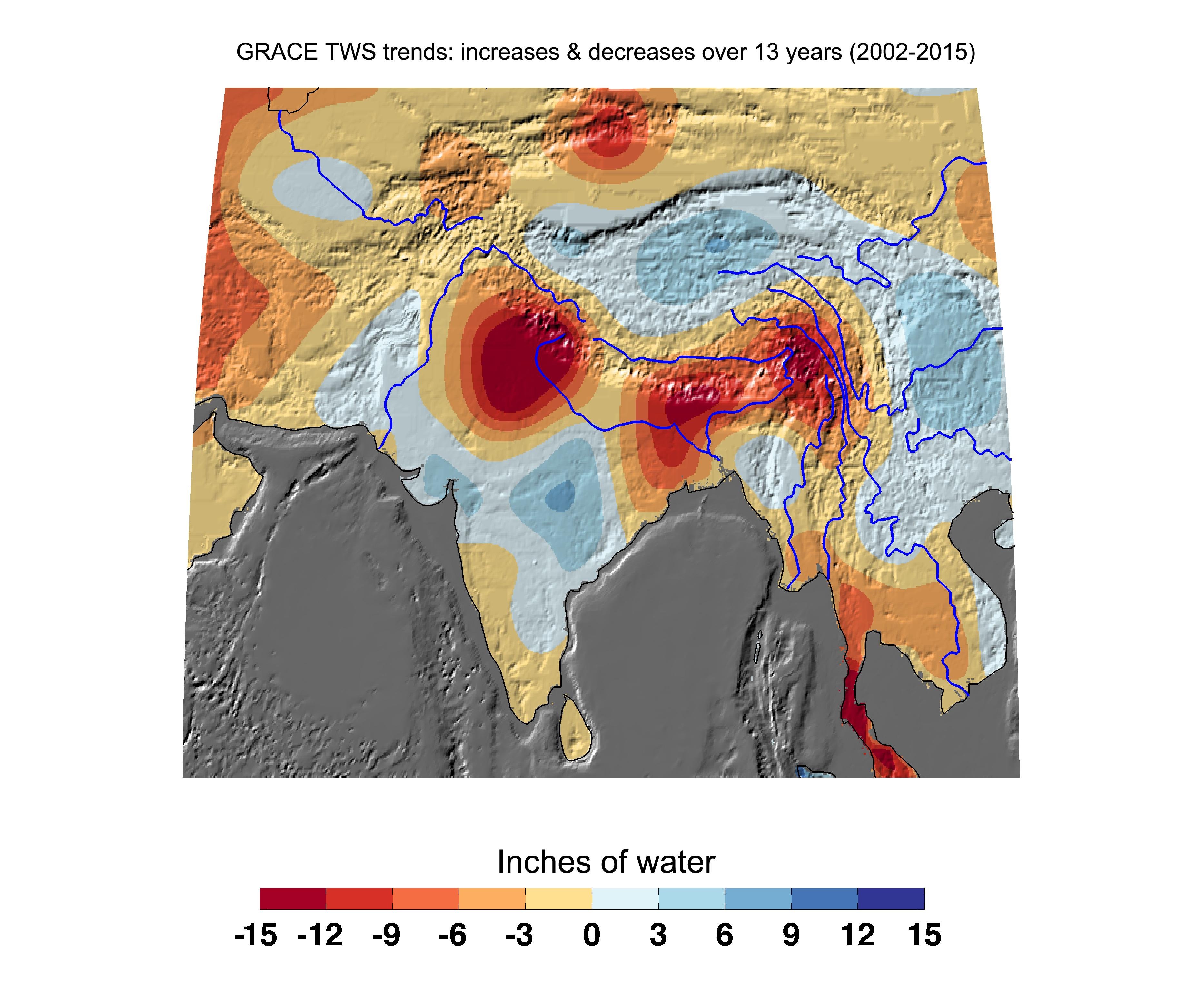 NASA GRACE satellite data showing cumulative freshwater losses across India from 2002 to 2015 with groundwater depletion in northern and central regions
