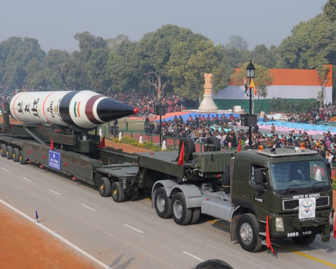 India's Agni-V long-range ballistic missile on a mobile launcher during a Republic Day Parade rehearsal in New Delhi