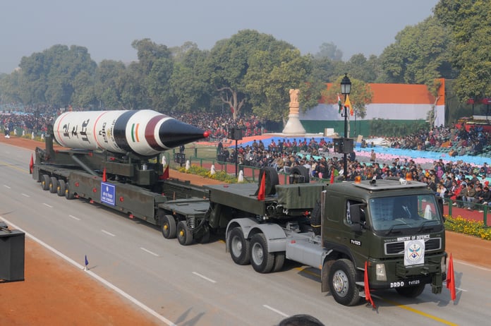 India's Agni-V long-range ballistic missile on a mobile launcher during a Republic Day Parade rehearsal in New Delhi