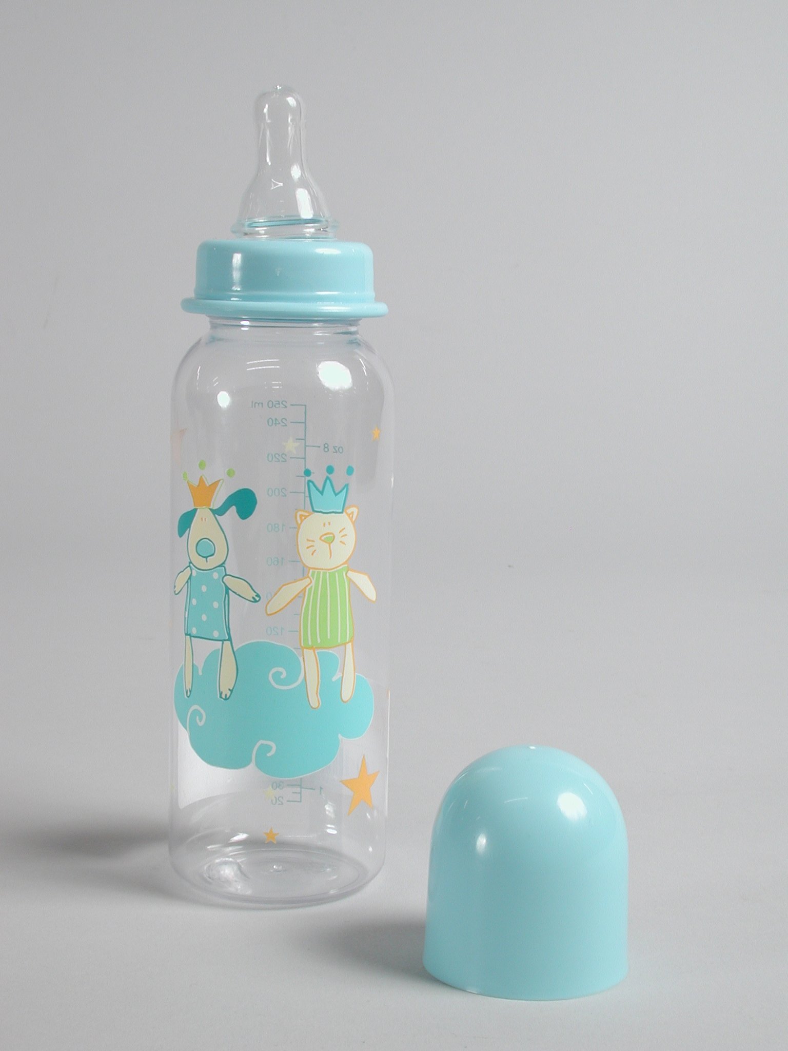 A plastic baby feeding bottle of the kind used to give infants powdered formula