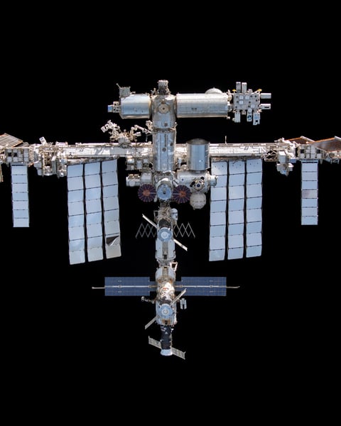 International Space Station photographed from SpaceX Crew Dragon Endeavour in orbit above Earth