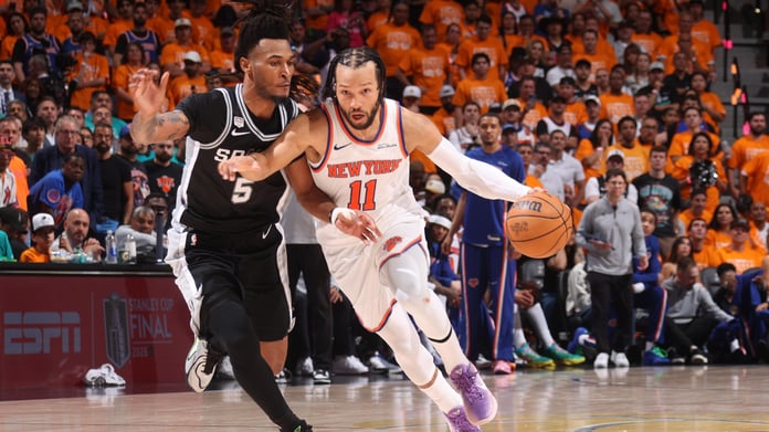Jalen Brunson drives to the basket for the New York Knicks in Game 1 of the 2026 NBA Finals against the San Antonio Spurs