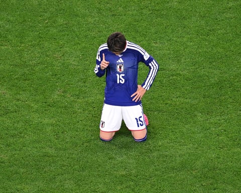 Daichi Kamada points to the sky after his 88th-minute equalizer for Japan against the Netherlands at the 2026 FIFA World Cup in Arlington Texas