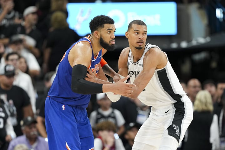 Karl-Anthony Towns battles Victor Wembanyama in Game 2 of the 2026 NBA Finals at Frost Bank Center