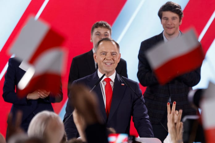 Polish President Karol Nawrocki addresses supporters