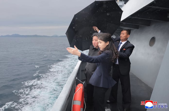 Kim Jong Un and his daughter observe the sea trials of destroyer Kang Kon at an undisclosed location in North Korea, June 4, 2026